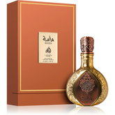 Ornate Middle Eastern Lattafa Masa EDP bottle with gold detailing in matching box